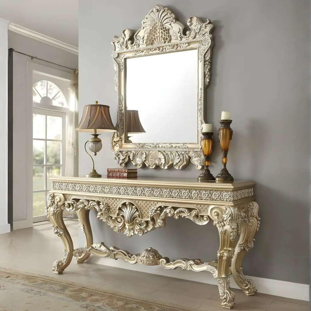 Belle Silver Victorian Console Table Hd-8022 By Homey Design | Mobilia Cleopatra 3 Belle Silver Victorian Console Table HD-8022 By Homey Design - Image 1