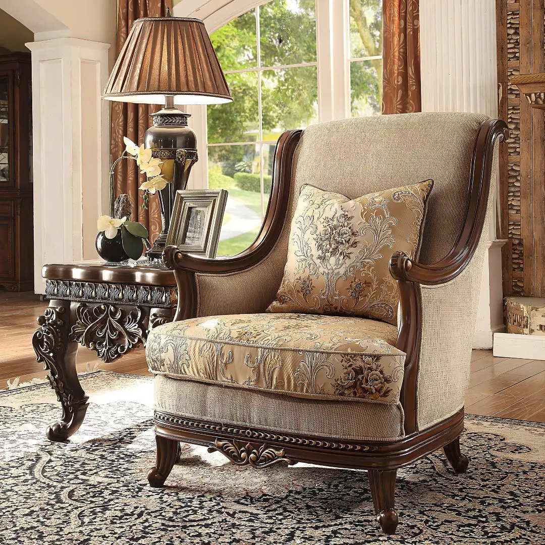 Dark Walnut & Beige Armchair Carved Wood Traditional By Homey Design Hd-92 | Mobilia Cleopatra 3 Dark Walnut & Beige Armchair Carved Wood Traditional by Homey Design HD-92 - Image 1