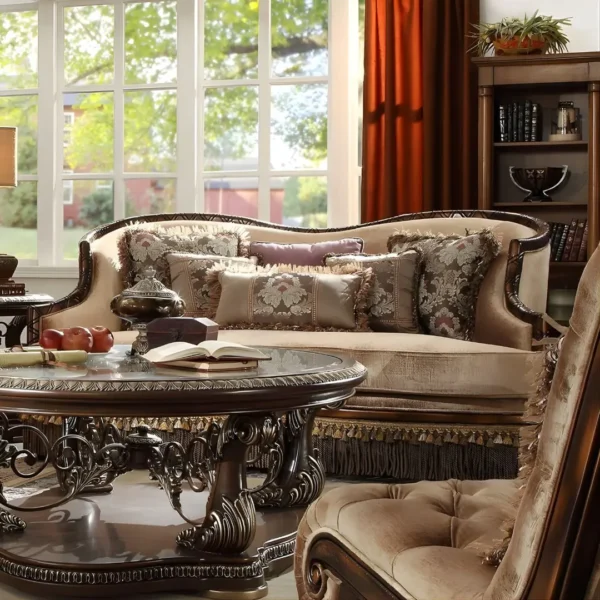 HD-1631 Homey Design 3Pc Living Room Sofa Set In Dark Red Mahogany & Metallic Antique Gold - Image 3