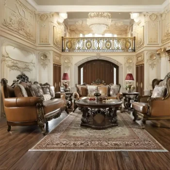 Mohawk Finish Leather Victorian 3PCs Sofa Set Carved Wood Traditional Homey Design HD-555