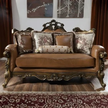Mohawk Finish Leather Loveseat Carved Wood Traditional Homey Design HD-555