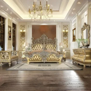 Metallic Bright Gold 4PCs Bedroom Set Carved Wood Traditional Homey Design HD-8016