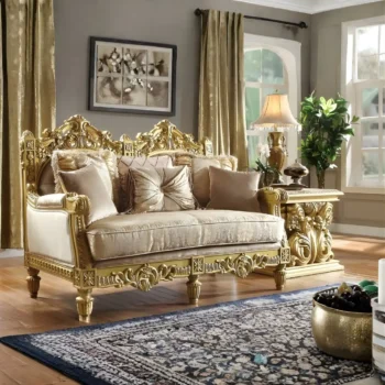 Metallic Bright Gold Loveseat Carved Wood Traditional HD-2659 By Homey Design