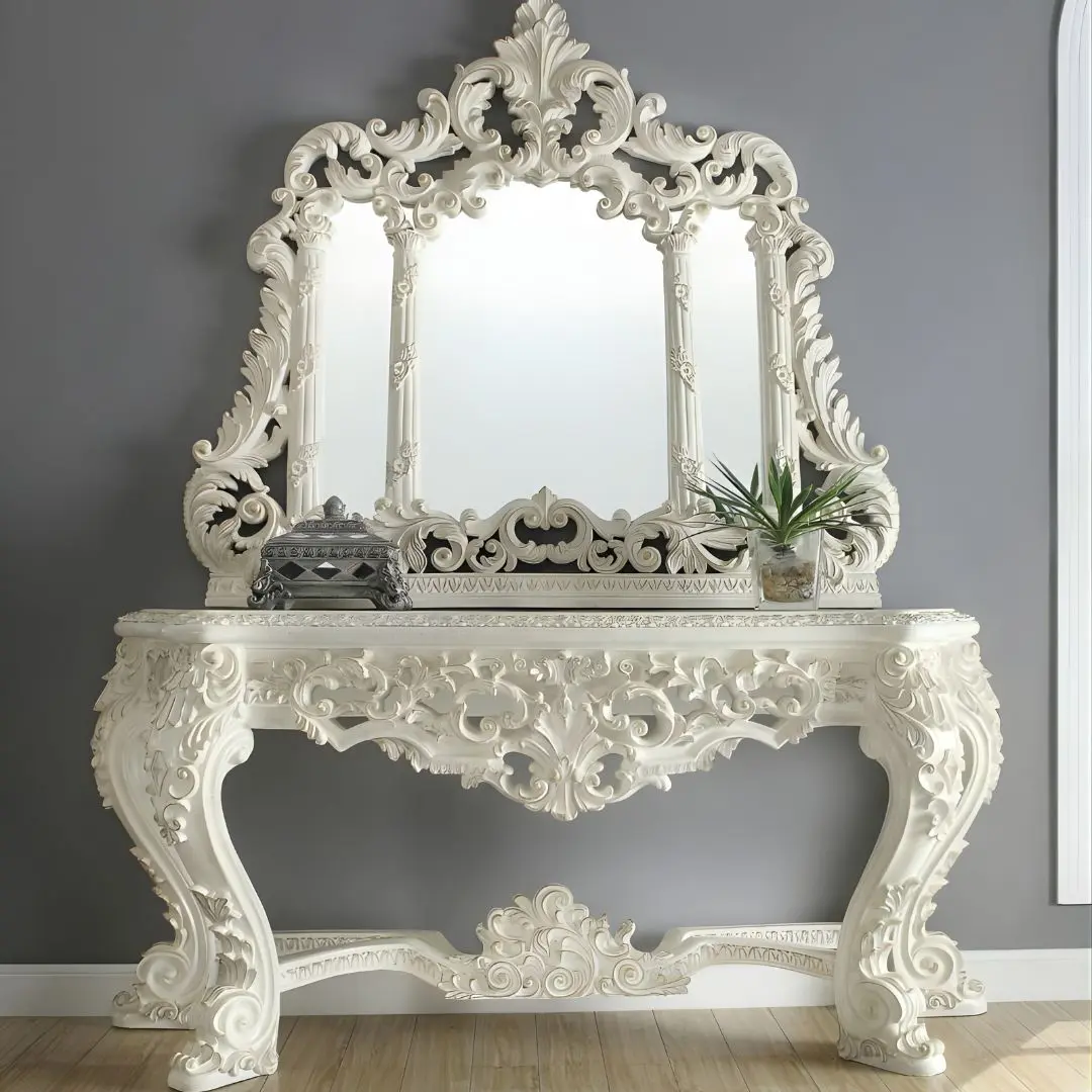 Plantation Cove White Victorian Console Table Hd-8030 By Homey Design | Mobilia Cleopatra 3 Plantation Cove White Victorian Console Table HD-8030 By Homey Design - Image 1