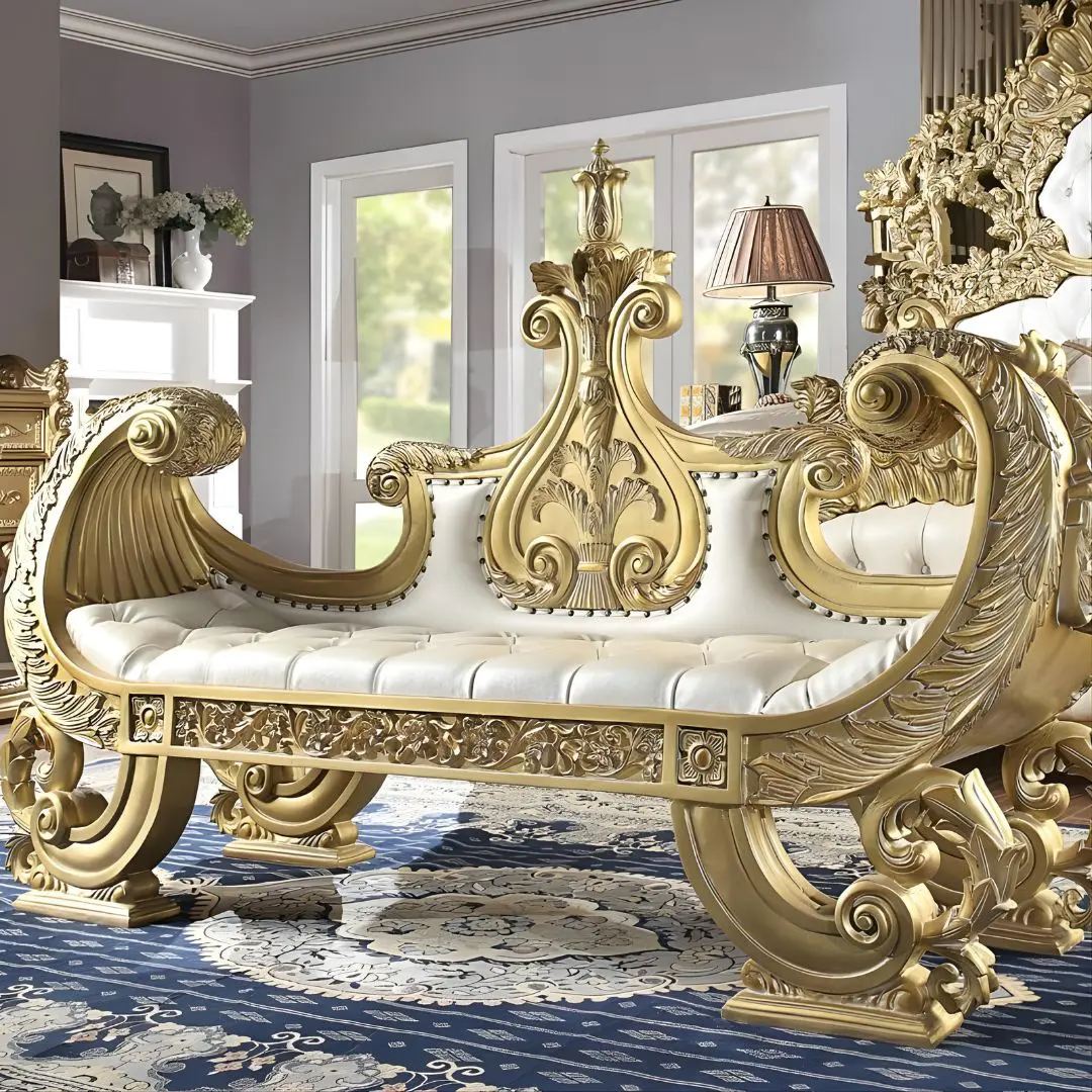 Metallic Bright Gold Victorian Bench Hd-8086 By Homey Design | Mobilia Cleopatra 3 Metallic Bright Gold Victorian Bench HD-8086 By Homey Design - Image 1