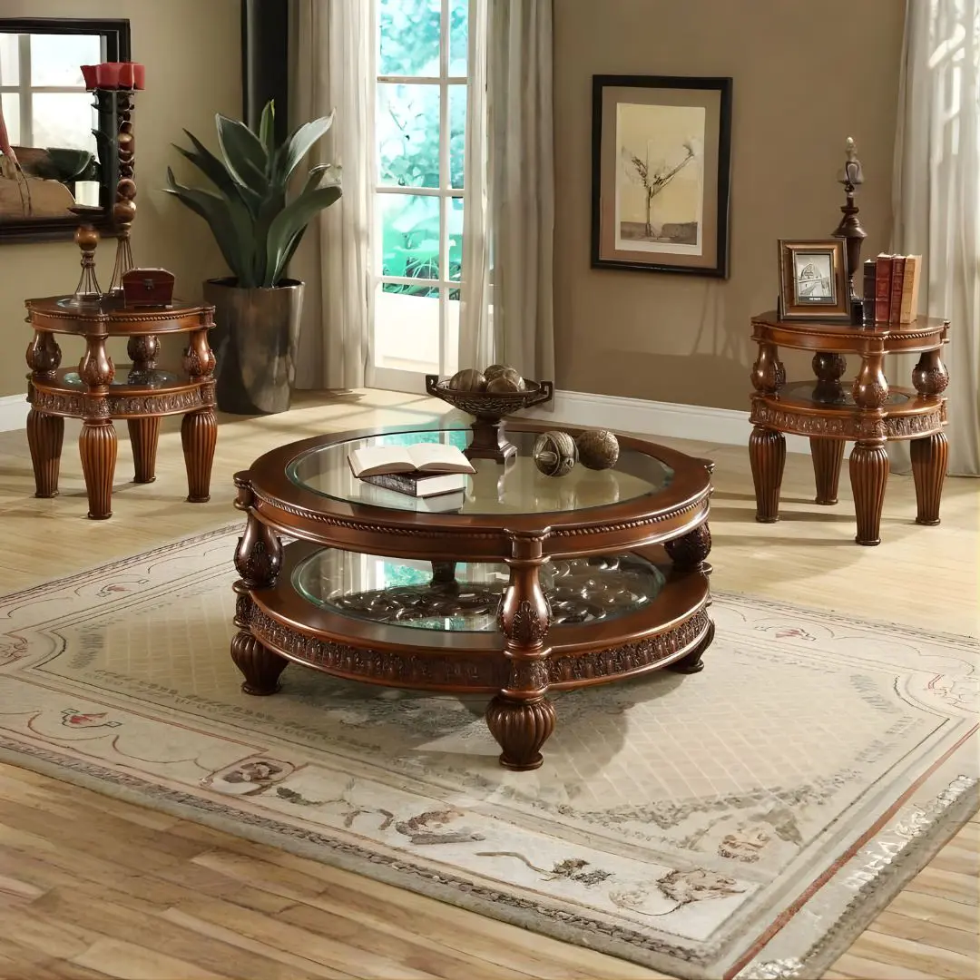 Homey Design Hd-1521 3Pc Coffee Table Set Victorian Style In Dark Mahogany With Gold Highlight | Mobilia Cleopatra 3 Homey Design HD-1521 3Pc Coffee Table Set Victorian Style in Dark Mahogany with Gold Highlight - Image 1
