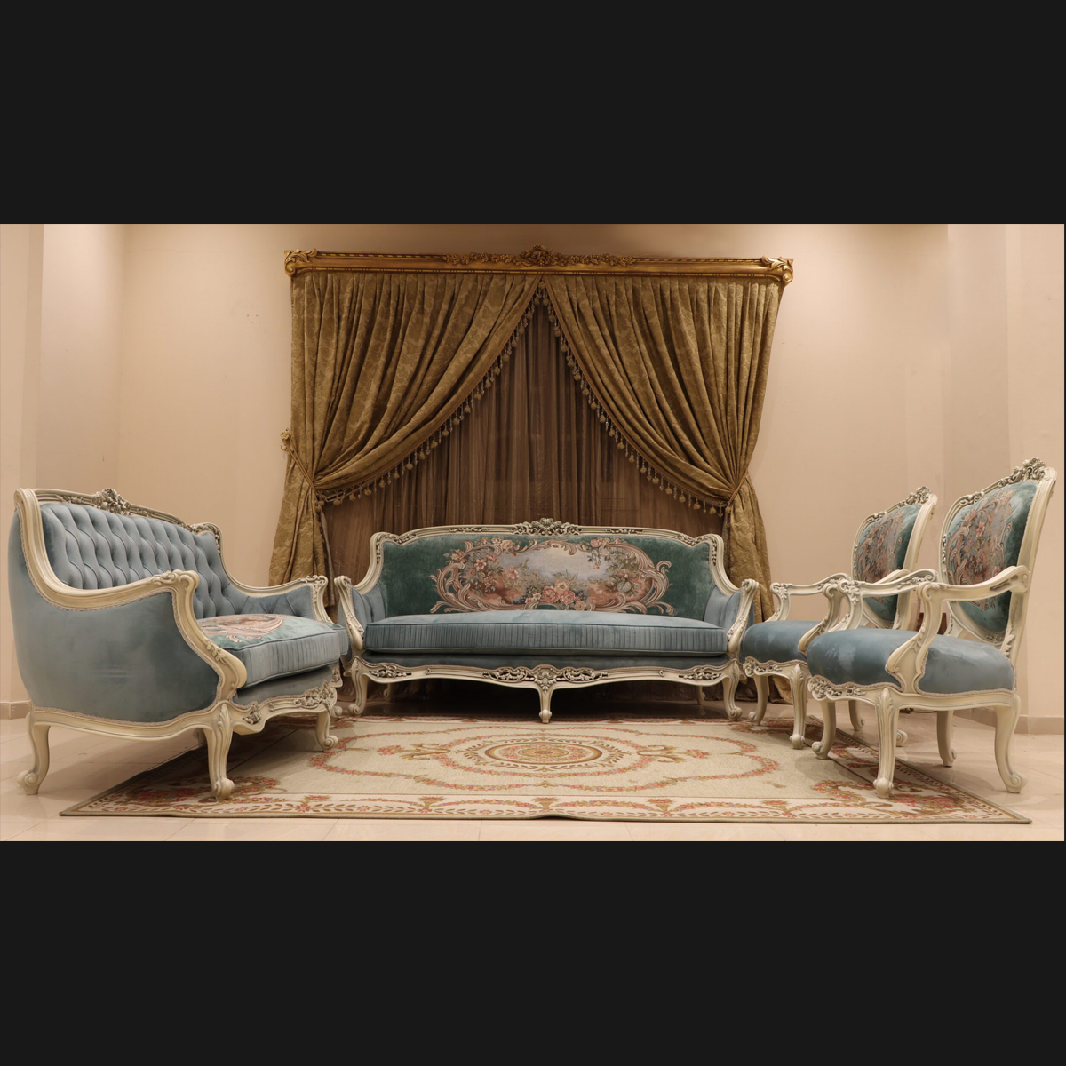 Handmade 4Pcs- Fairuz Mint Green Sofa Set | Mobilia Cleopatra 3 Handmade 4Pcs- Fairuz Mint Green Sofa Set - Image 1