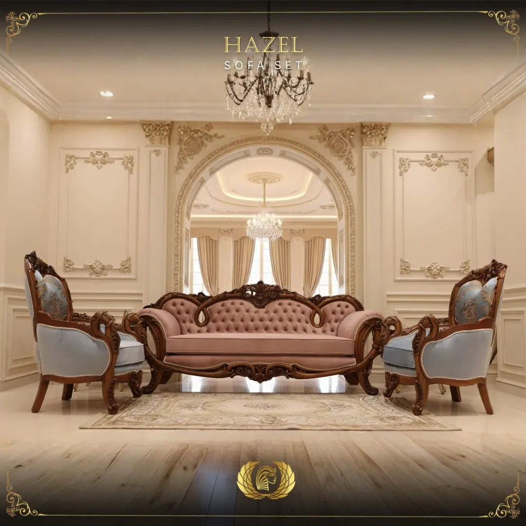 Handmade 3Pcs- Hazel Blue Peach Sofa Set | Mobilia Cleopatra 3 hazel sofa set (full set)