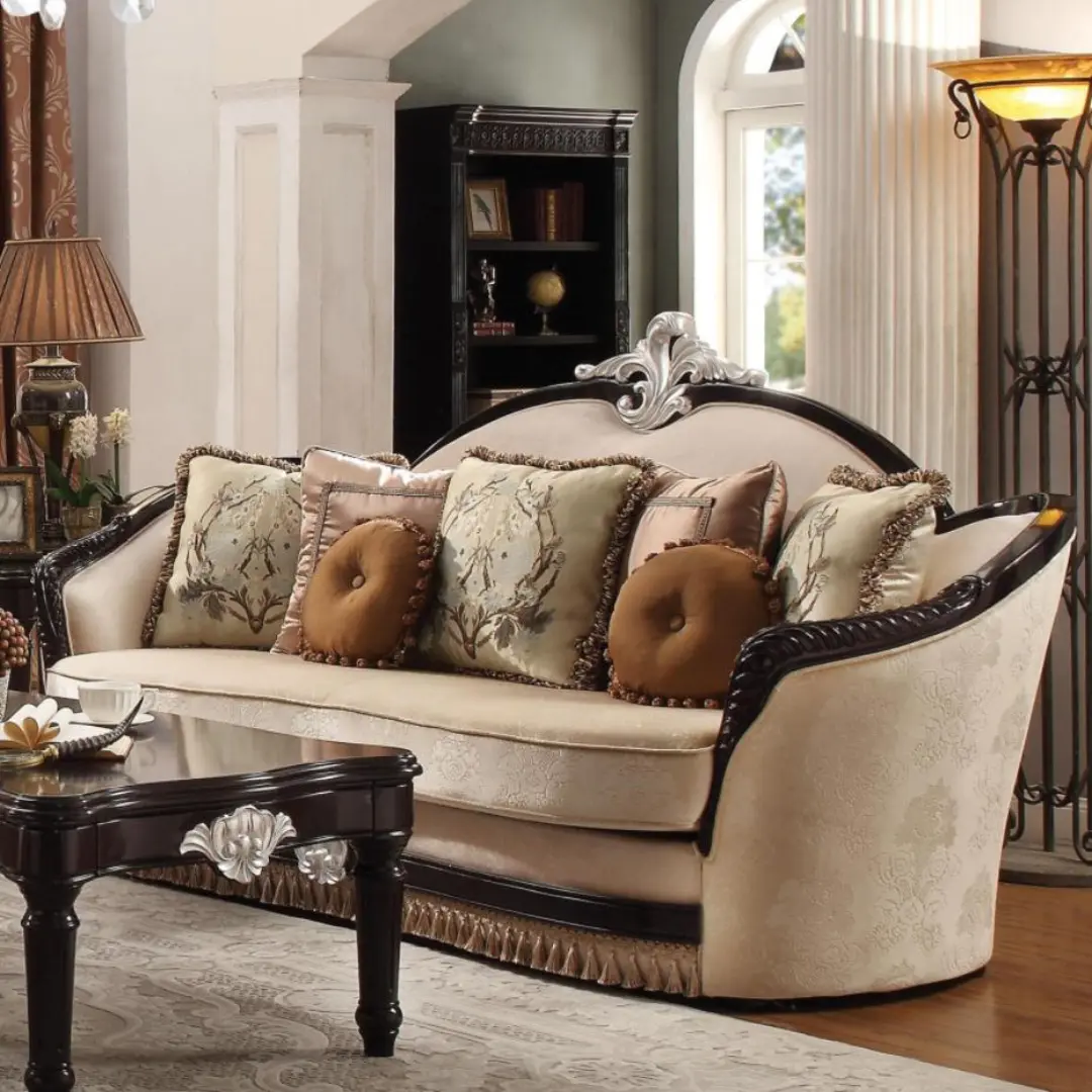 Ernestine Tan Fabric Sofa With 7 Pillows By Acme | Mobilia Cleopatra 3 Ernestine Tan Fabric Sofa With 7 Pillows by ACME - Image 1