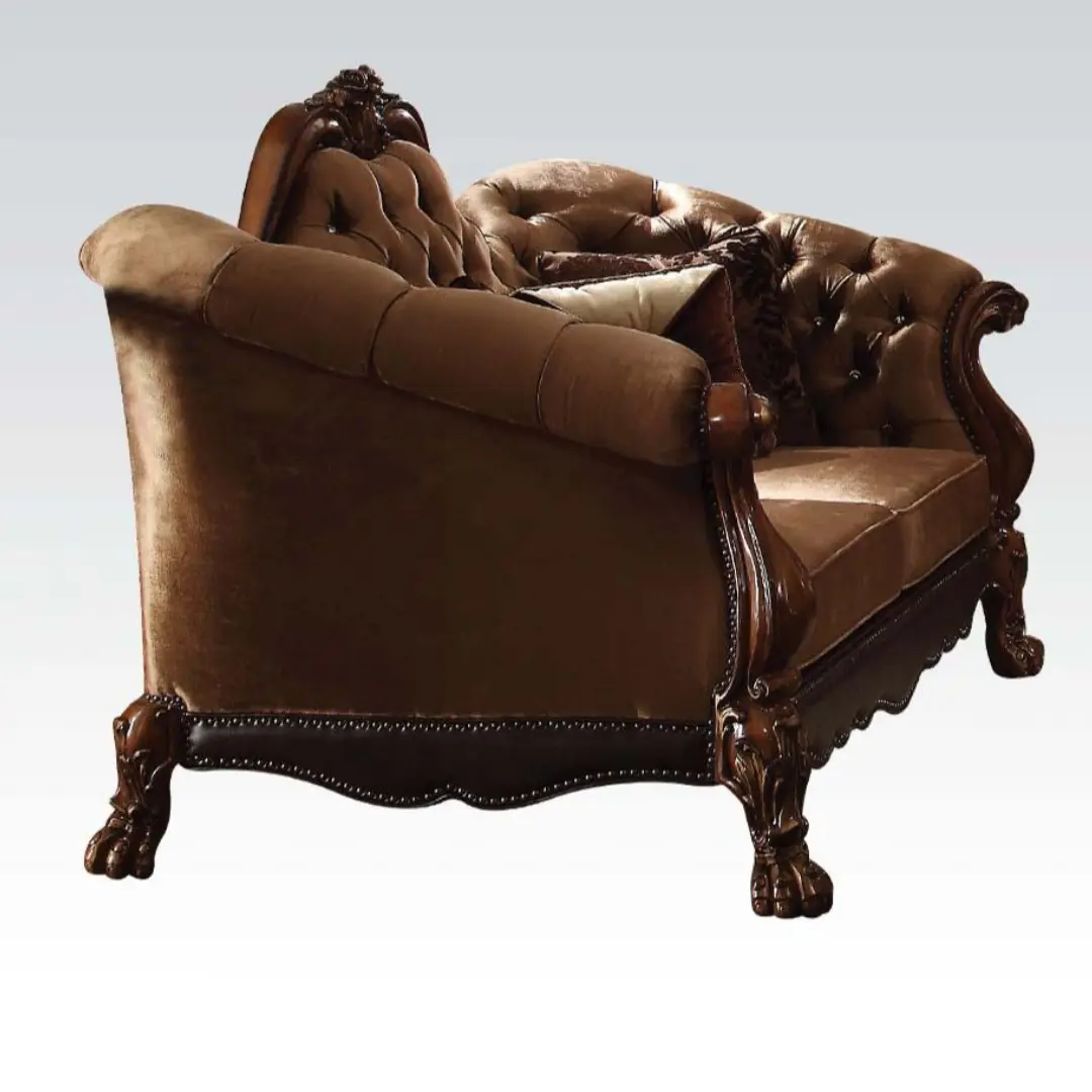 Dresden Golden Brown Velvet Loveseat With 5 Pillows By Acme | Mobilia Cleopatra 3 Dresden Golden Brown Velvet Loveseat With 5 Pillows By ACME
