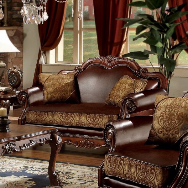 Brown Synthetic Leather & Chenille, Cherry Oak Finish Dresden Loveseat W/2 Pillows 15161 By Acme | Mobilia Cleopatra 3 Loveseat With 2 Pillows