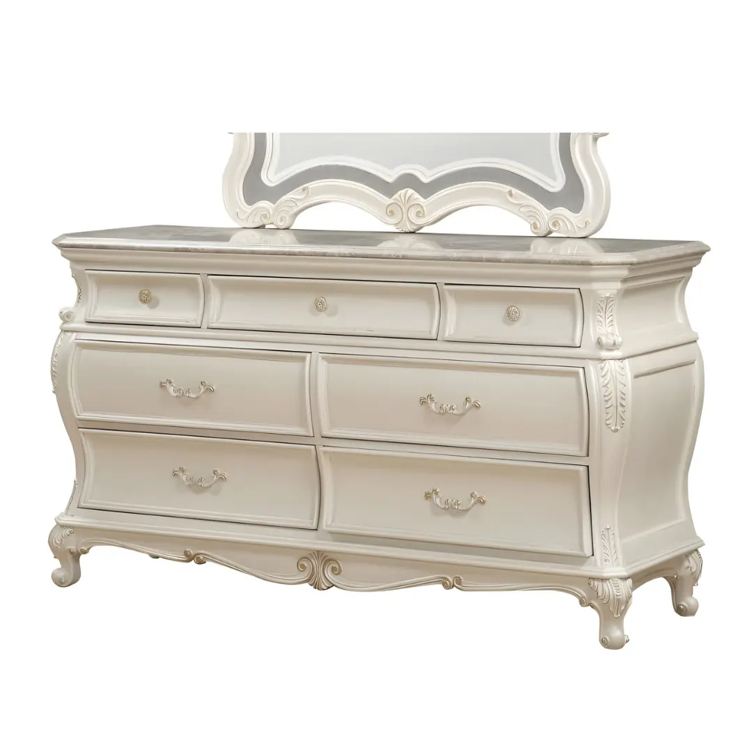 Chantelle Pearl White Dresser With Marble Top By Acme | Mobilia Cleopatra 3 Chantelle Pearl White Dresser With Marble Top By ACME