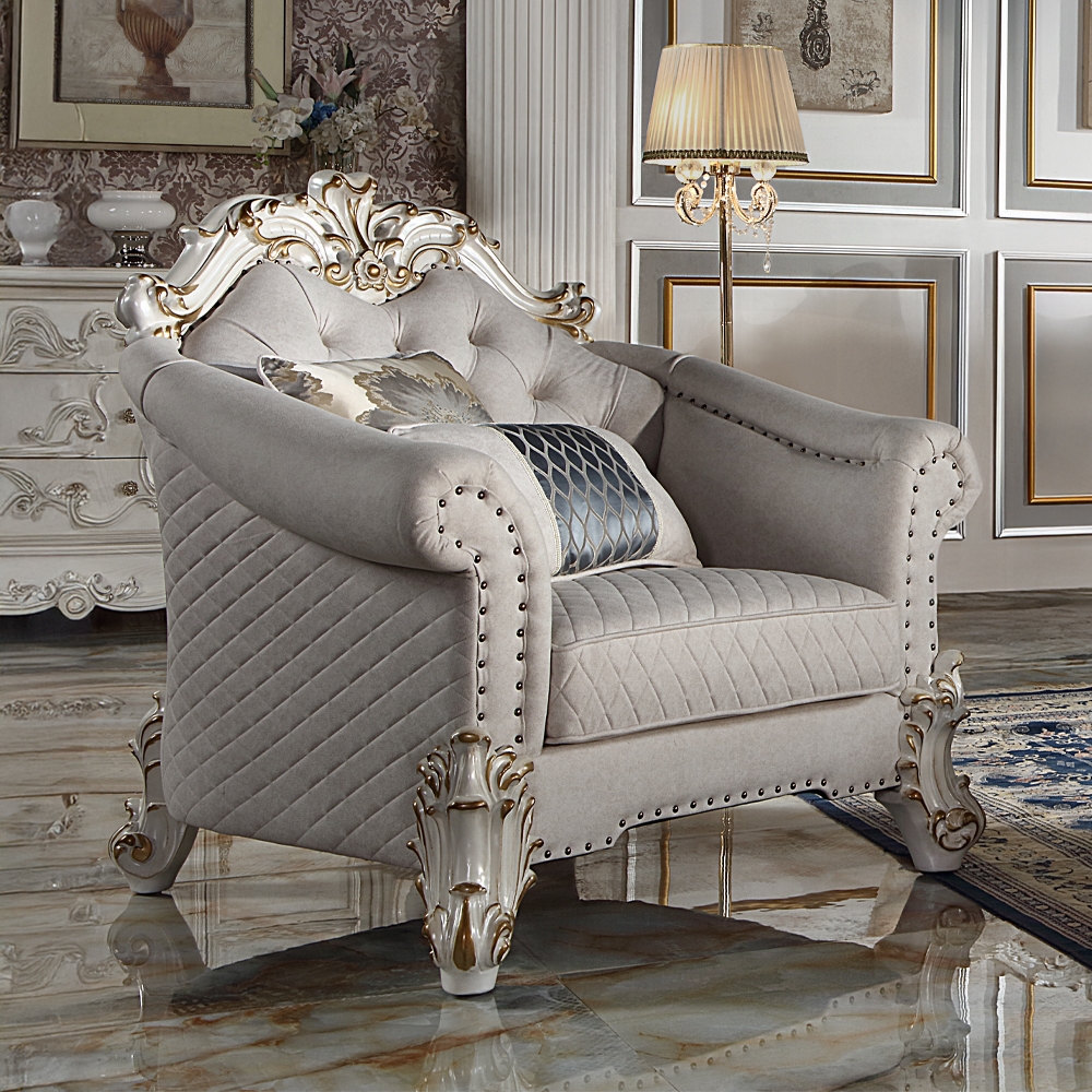 Vendome Ii Chair With 2 Pillows In Ivory Fabric By Acme | Mobilia Cleopatra 3 Vendome II Chair With 2 Pillows in Ivory Fabric by ACME - Image 1