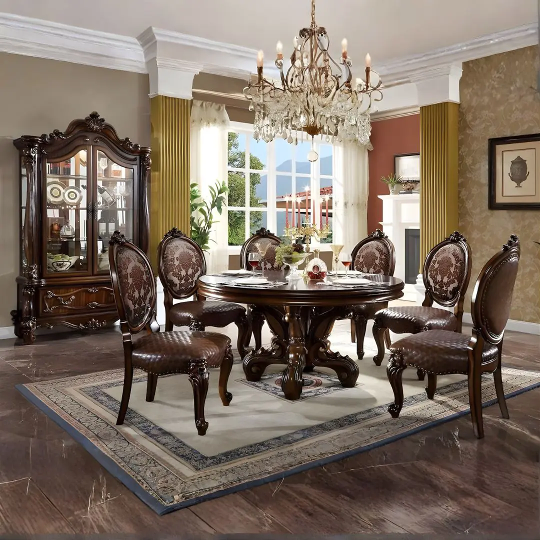 Versailles Round Pedestal Dining Table In Cherry Finish By Acme | Mobilia Cleopatra 3 Versailles Round Pedestal Dining Table in Cherry Finish By ACME