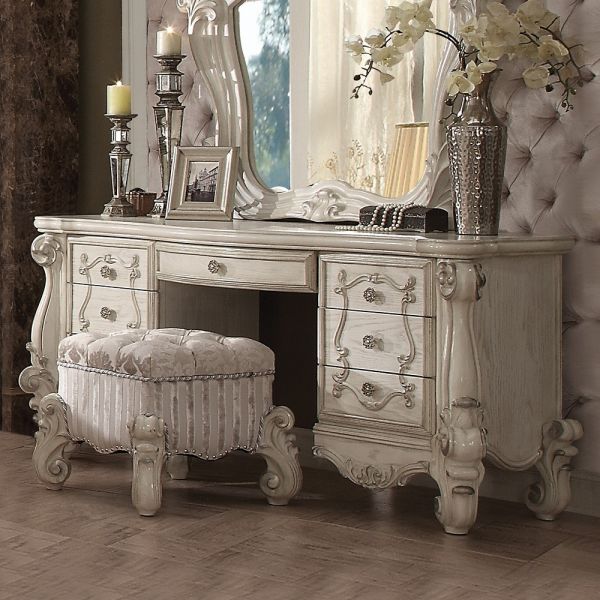Bone White Versailles Vanity Desk 21137 By Acme | Mobilia Cleopatra 3 Bone White Vanity Desk
