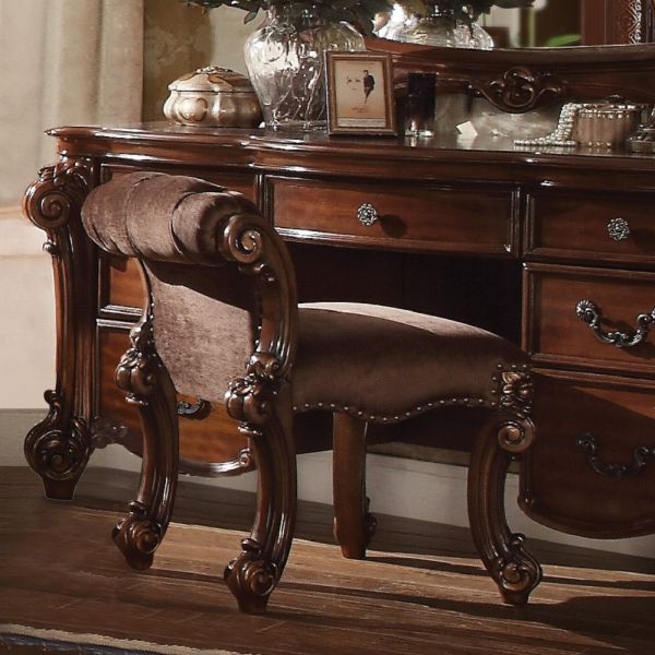 Vendome Vanity Stool In Cherry Fabric 22010 By Acme | Mobilia Cleopatra 3 Cherry Vanity Stool