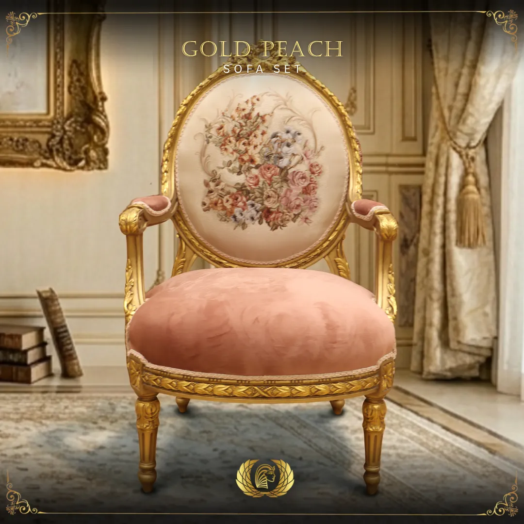 Handmade Gold Peach Galaxy Chair | Mobilia Cleopatra 3 Gold-Peach-Sofa-Set-