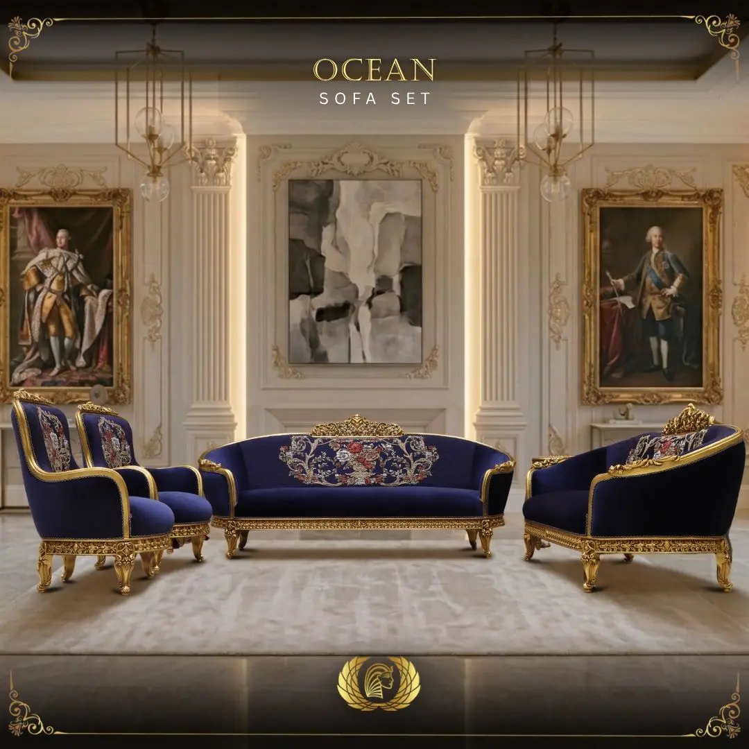 Handmade 4Pcs Ocean Blue Sofa Set | Mobilia Cleopatra 3 Handmade 4Pcs Ocean Blue Sofa Set - Image 1
