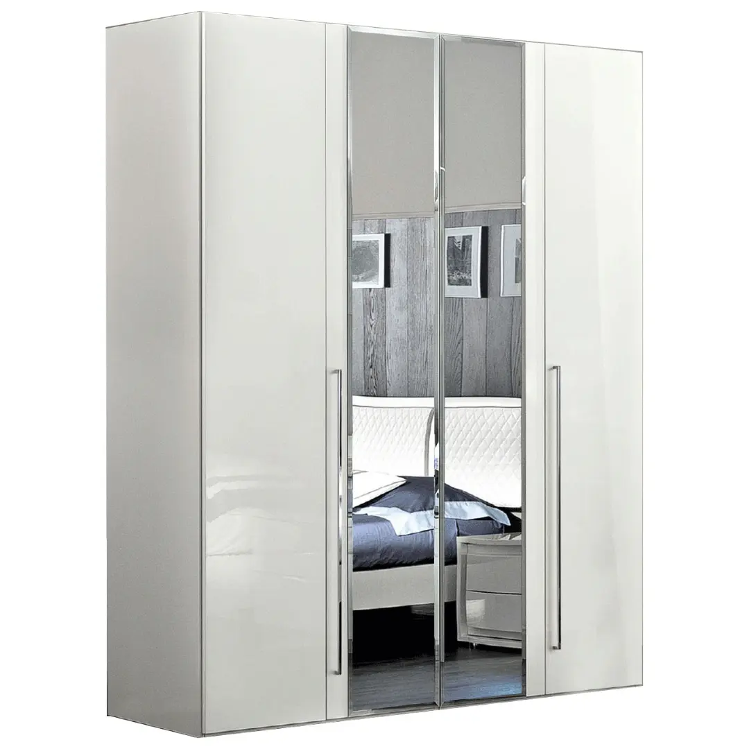 High Gloss Lacquer Dama Bianca 4 Door Glass Doors Wardrobe White By Esf Furniture | Mobilia Cleopatra 3 High Gloss Lacquer Dama Bianca 4 Door Glass Doors Wardrobe White