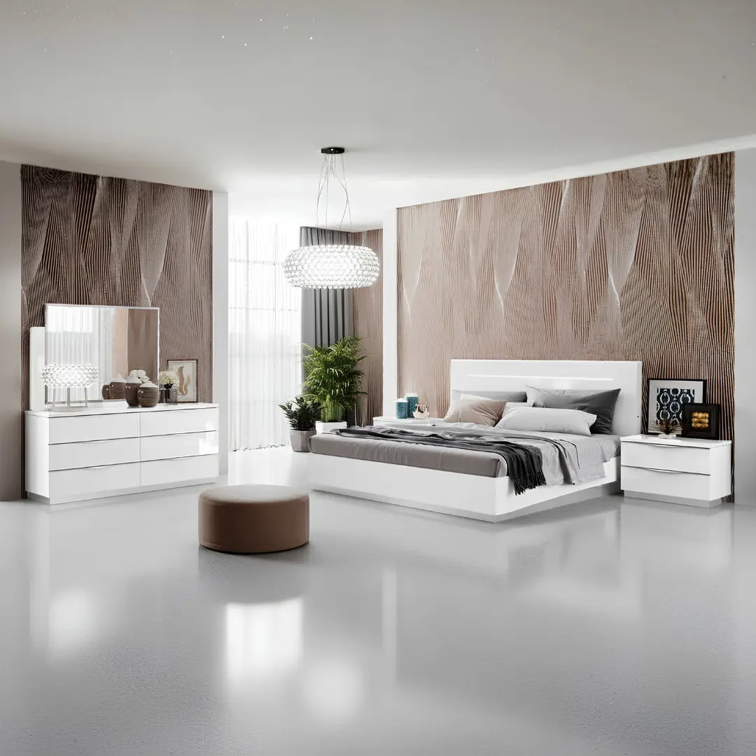 High Gloss Lacquer Onda Legno White Bedroom Set By Esf Furniture | Mobilia Cleopatra 3 High Gloss Lacquer Onda White Nightstand