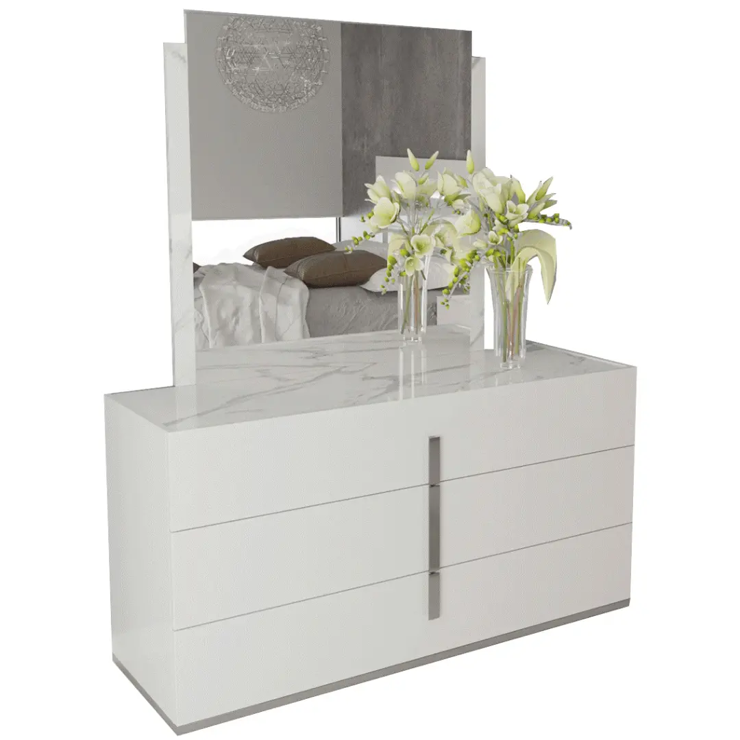 High Gloss Lacquer Carrara White Dresser/Mirror By Esf Furniture | Mobilia Cleopatra 3 High Gloss Lacquer Carrara White Dresser/Mirror