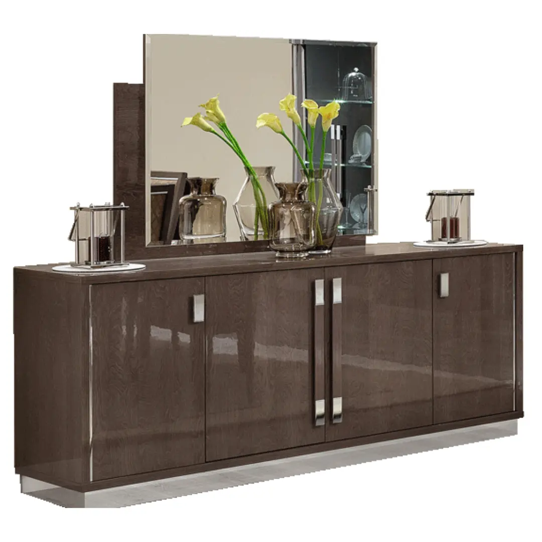 High Gloss Lacquer Platinum 4 Door Buffet With Mirror By Esf Furniture | Mobilia Cleopatra 3 High Gloss Lacquer Platinum 4 Door Buffet with Mirror