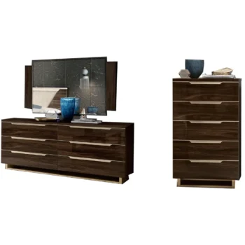 High Gloss Lacquer, Mat Smart Double Dresser with Mirror and Chest Walnut