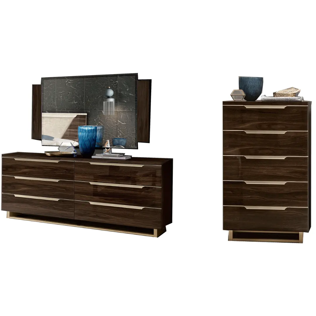 High Gloss Lacquer, Mat Smart Double Dresser With Mirror And Chest Walnut By Esf Furniture | Mobilia Cleopatra 3 High Gloss Lacquer, Mat Smart Double Dresser with Mirror and Chest Walnut