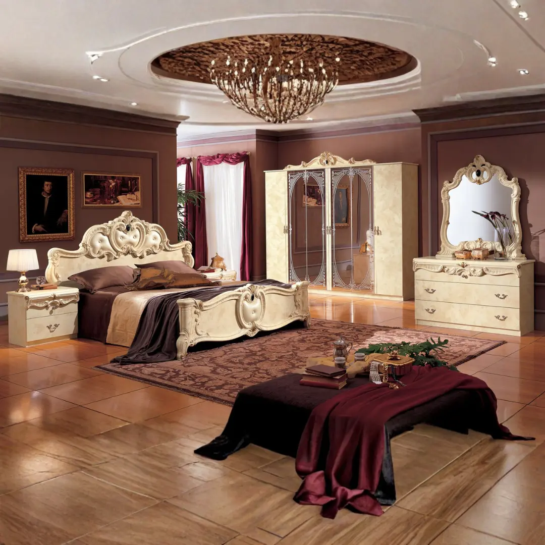 High Gloss Lacquer Barocco Ivory Bedroom Set By Esf Furniture | Mobilia Cleopatra 3 High Gloss Lacquer Barocco Ivory Bedroom Set