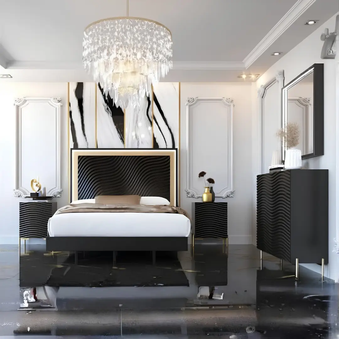 Shiny Wave Bedroom Dark Grey Set By Esf Furniture | Mobilia Cleopatra 3 Shiny Wave Bedroom Dark Grey Set