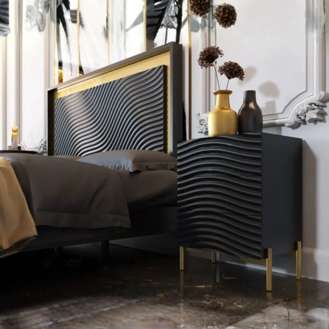 Wave Nightstand Dark Grey By Esf Furniture | Mobilia Cleopatra 3 Shiny Wave Bedroom Dark Grey Set