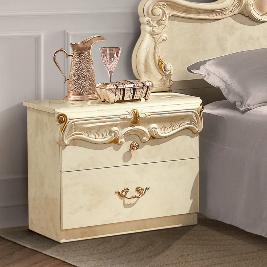 High Gloss Lacquer Barocco Ivory Nightstand By Esf Furniture | Mobilia Cleopatra 3 High Gloss Lacquer Barocco Ivory Nightstand