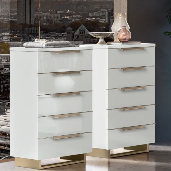 High Gloss Lacquer, Mat Smart Double Dresser White with Mirror and Chest
