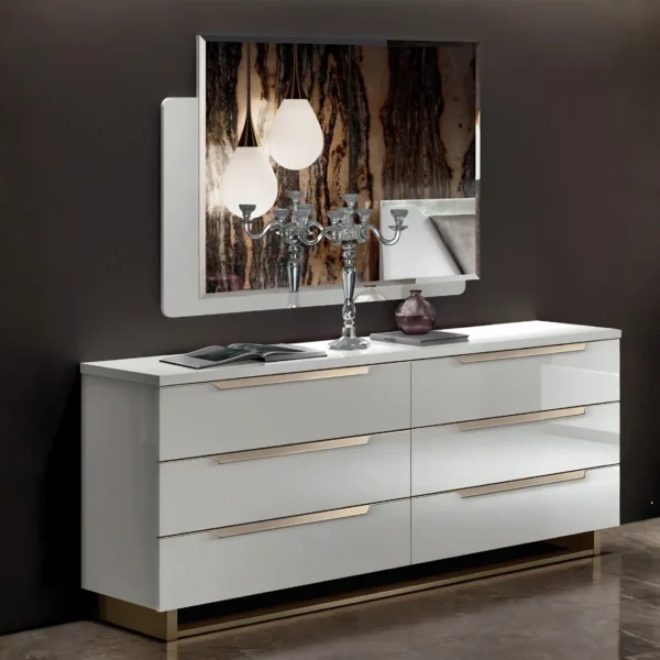 High Gloss Lacquer, Mat Smart Double Dresser White with Mirror and Chest