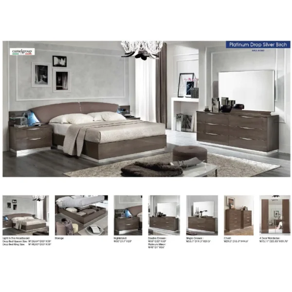 High Gloss Lacquer Platinum Drop Bedroom Set Silver Birch