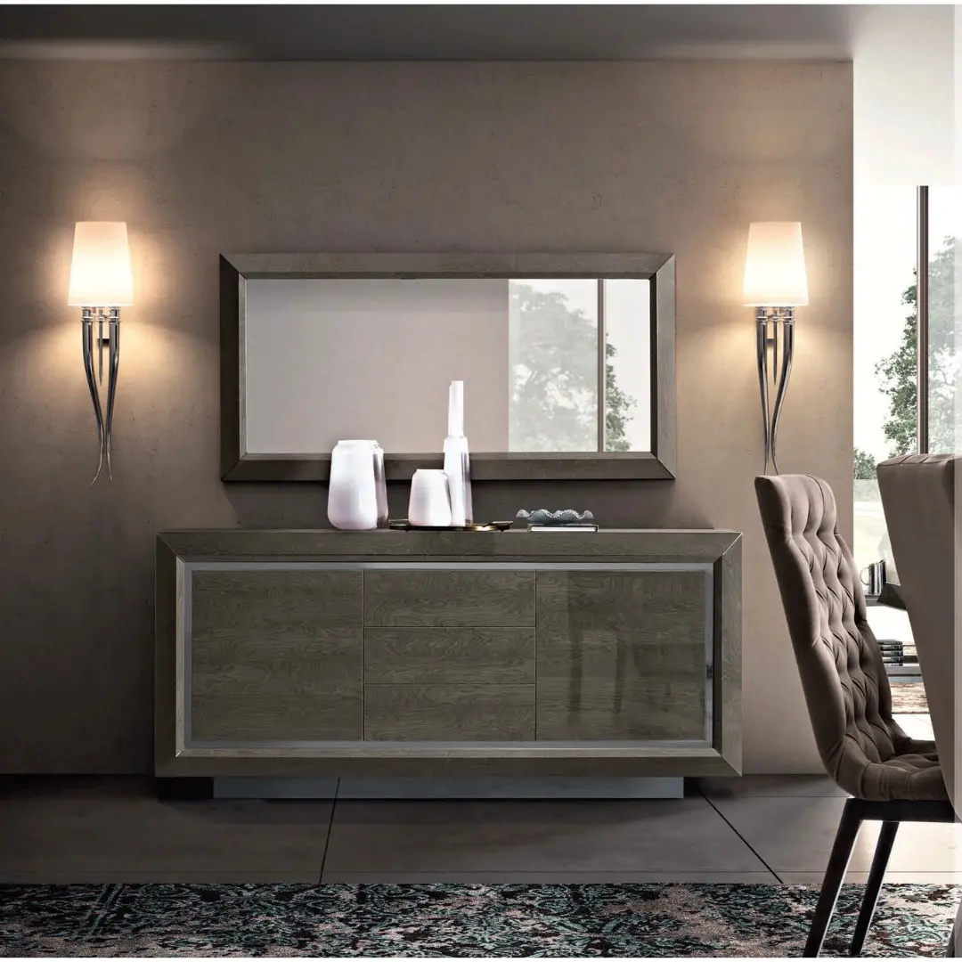 High Gloss Lacquer Elite Buffet With Mirror Silver Birch By Esf Furniture | Mobilia Cleopatra 3 High Gloss Lacquer Elite Buffet with Mirror Silver Birch