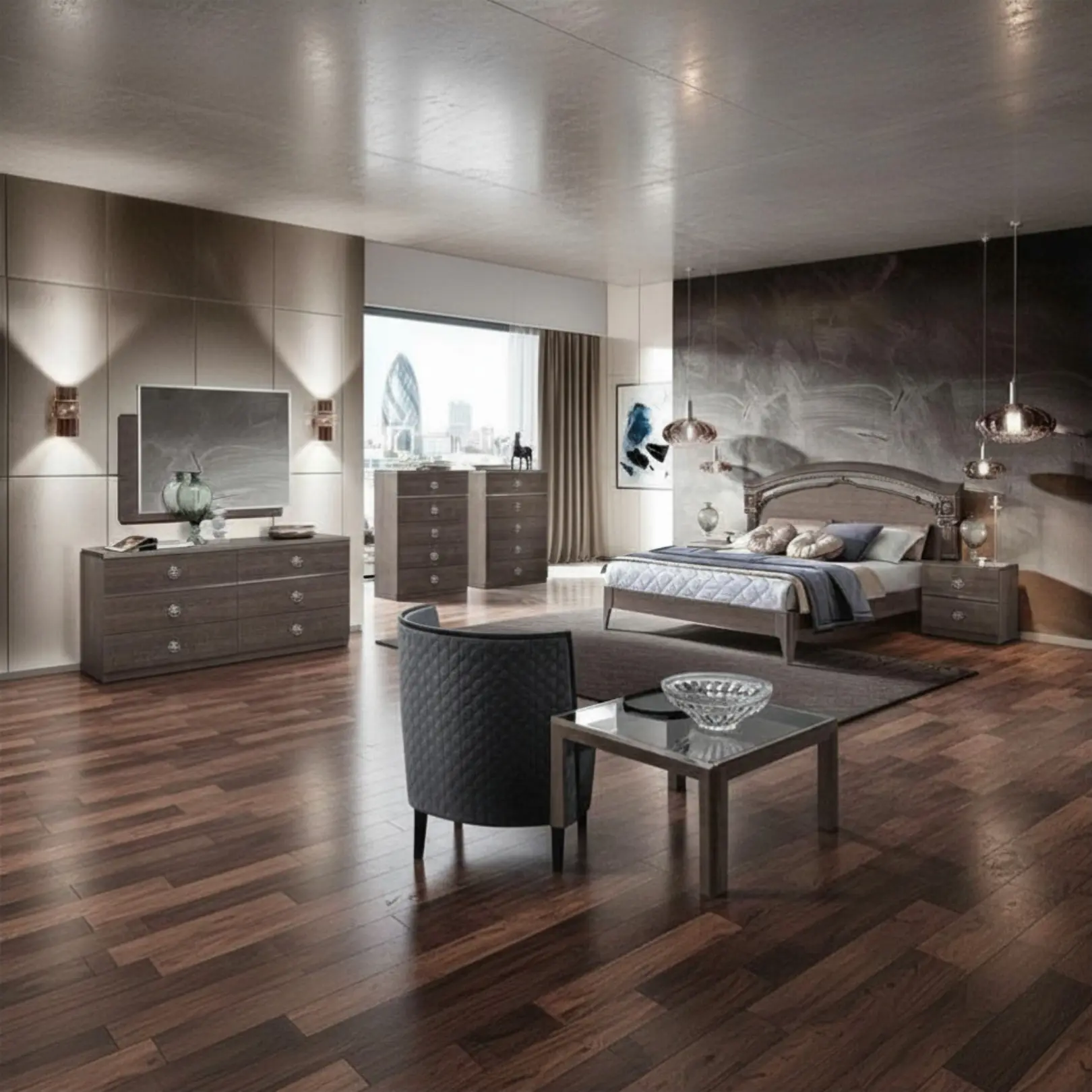 High Gloss Lacquer Nabucco Night Bedroom Set Silver Birch By Esf Furniture | Mobilia Cleopatra 3 High Gloss Lacquer Nabucco Night Bedroom Set Silver Birch