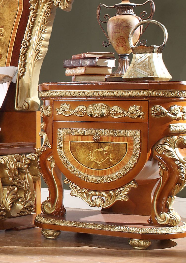 Luxury Nightstand Light Cherry & Gold Carved Wood Homey Design Hd-8024 | Mobilia Cleopatra 3 Luxury Nightstand Light Cherry & Gold Carved Wood Homey Design HD-8024 - Image 1