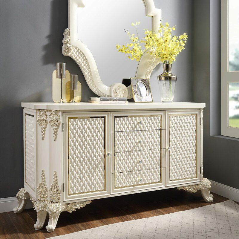 White Gloss & Gold Brush Highlights Finish Dresser Hd-8091 By Homey Design | Mobilia Cleopatra 3 White Gloss & Gold Brush Highlights Finish Dresser HD-8091 By Homey Design - Image 1