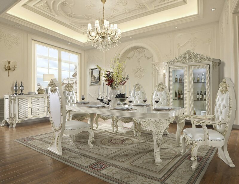 White Gloss & Gold Brush Highlights Finish 9Pcs Dining Set Hd-8091 By Homey Design | Mobilia Cleopatra 3 White Gloss & Gold Brush Highlights Finish 9PCs Dining Set HD-8091 By Homey Design - Image 1