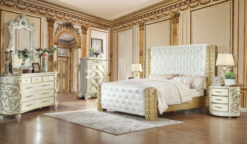 Ivory & Metallic Gold 4Pc Eastern King Bedroom Set Hd-8032 By Homey Design | Mobilia Cleopatra 3 Ivory & Metallic Gold 4PC Eastern King Bedroom Set HD-8032 By Homey Design - Image 1