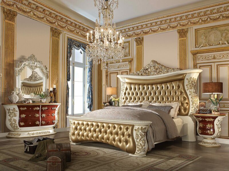 Ivory & Metallic Ant Gold 5 Pcs Eastern King Bedroom Set Hd-8019 By Homey Design | Mobilia Cleopatra 3 Ivory & Metallic Ant Gold 5 PCs Eastern King Bedroom Set HD-8019 By Homey Design - Image 1