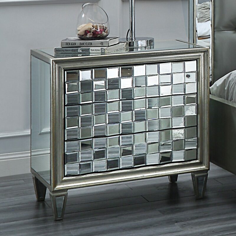 Silver & Mirror Finish Nightstand Hd-6001 By Homey Design | Mobilia Cleopatra 3 Silver & Mirror Finish Nightstand HD-6001 By Homey Design - Image 1