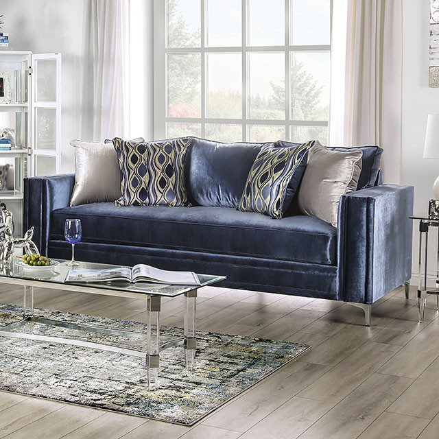 Satin Blue, Silver Jodie Sofa Sm2687-Sf By Furniture Of America | Mobilia Cleopatra 3 Satin Blue, Silver Jodie Sofa SM2687-SF BY Furniture of America - Image 1