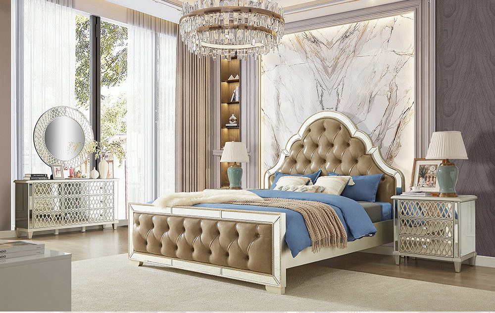 Champagne Silver Gold 5 Pcs Bedroom Set Hd-6000 By Homey Design | Mobilia Cleopatra 3 Champagne Silver Gold 5 PCs Bedroom Set HD-6000 By Homey Design - Image 1