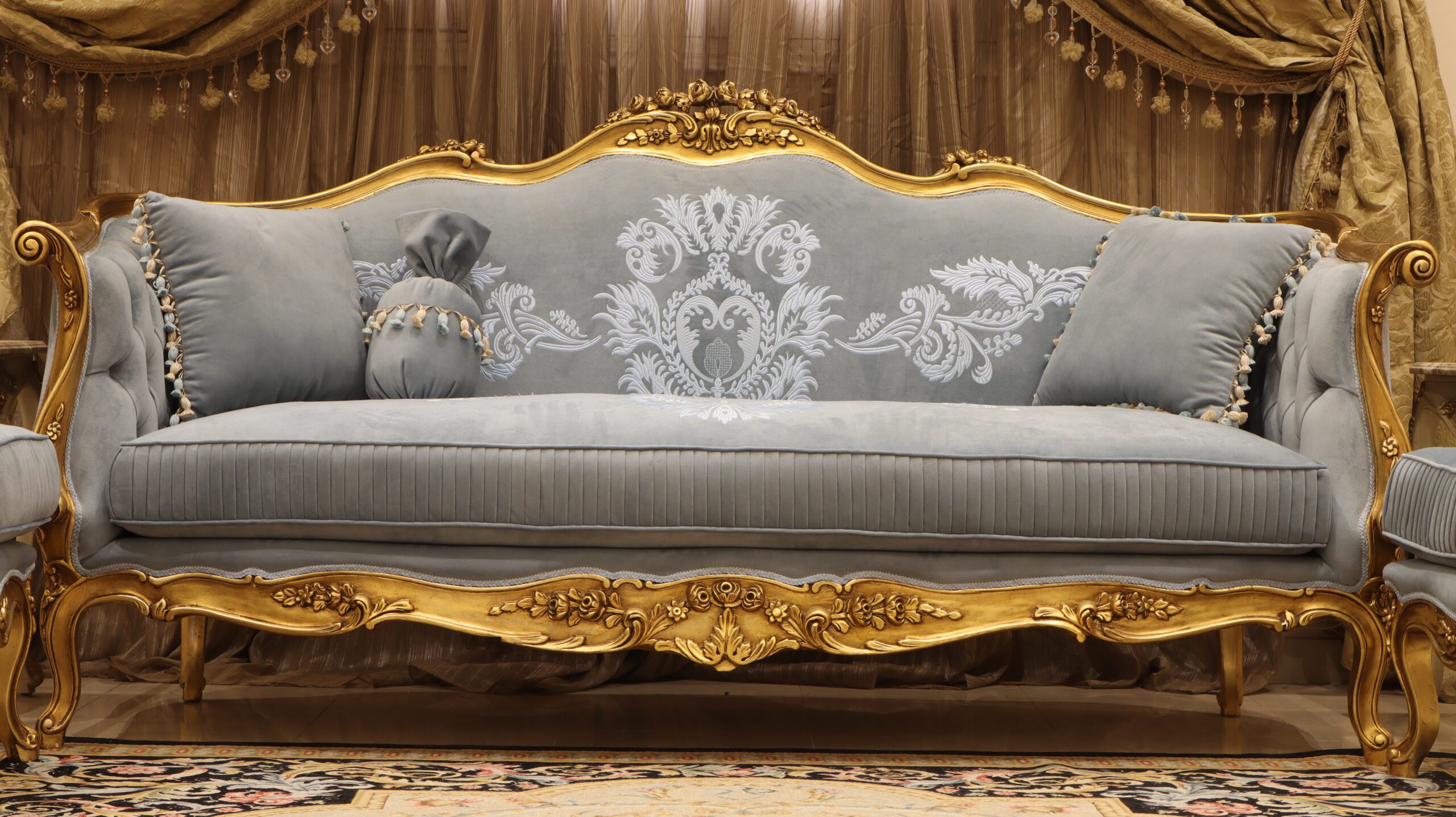 Handmade Classic Sky Blue Sofa | Mobilia Cleopatra 3 Handmade Classic Sky Blue Sofa - Image 1