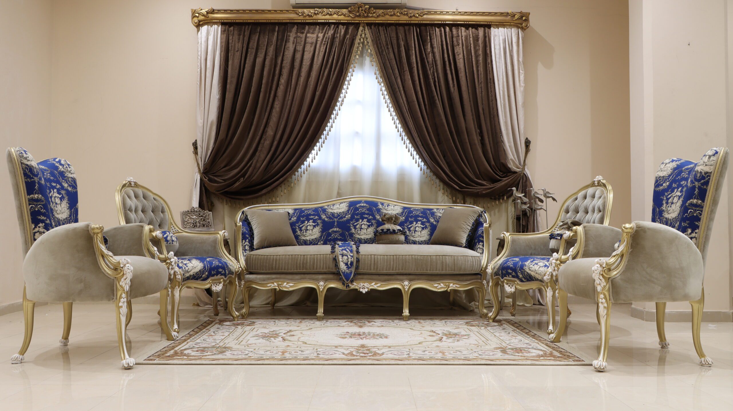 Handmade 5Pcs- Napoleon Blue Sofa Set | Mobilia Cleopatra 3 Handmade 5Pcs- Napoleon Blue Sofa Set - Image 1