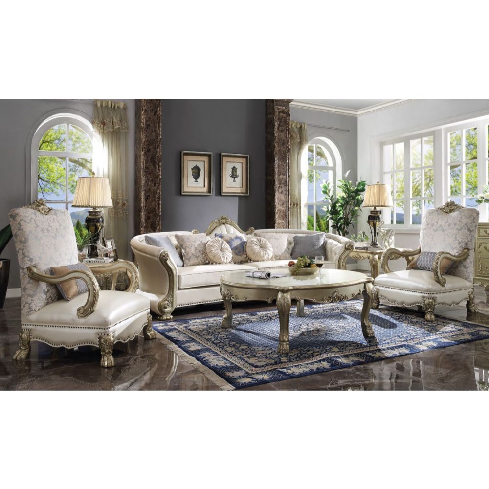 Pearl Leather & Gold Patina Finish Dresden Ii Sofa W/7 Pillows 54875 By Acme | Mobilia Cleopatra 3 Pearl Leather & Gold Patina Finish Dresden II Sofa W/7 Pillows 54875 by ACME - Image 1