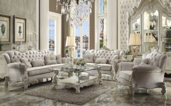Sofa With 5 Pillows in Ivory Velvet Vintage Traditional Versailles 52105 By Acme