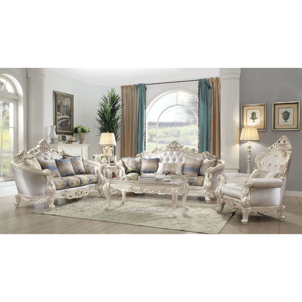 Fabric & Golden Ivory Finish Gorsedd Loveseat W/4 Pillows 52441 By Acme | Mobilia Cleopatra 3 Fabric & Golden Ivory Finish Gorsedd Loveseat W/4 Pillows 52441 by ACME - Image 1